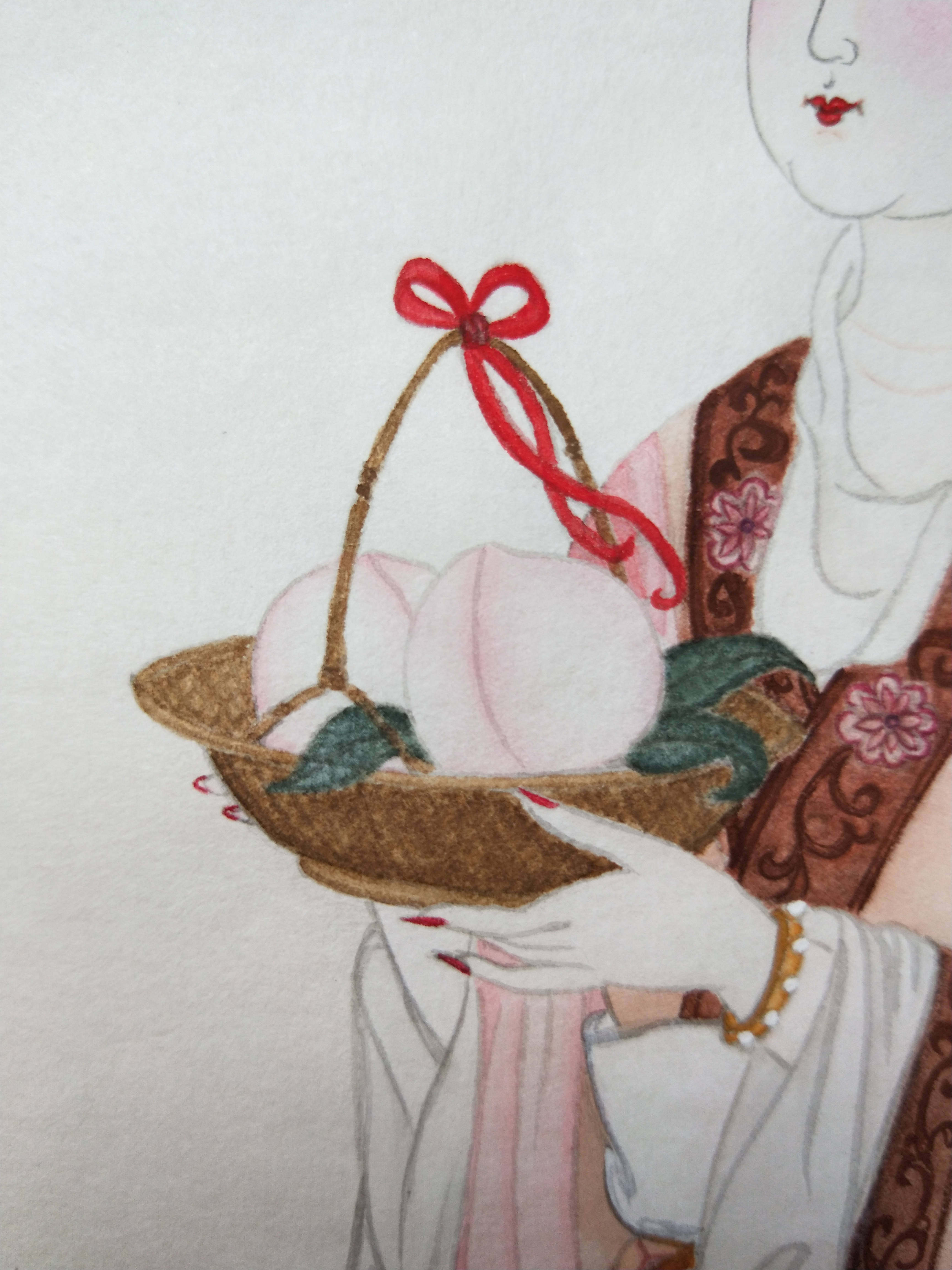 祝寿图(黄丽燕国画工笔画人物画贺寿图)_于田_鲜桃_祝寿长