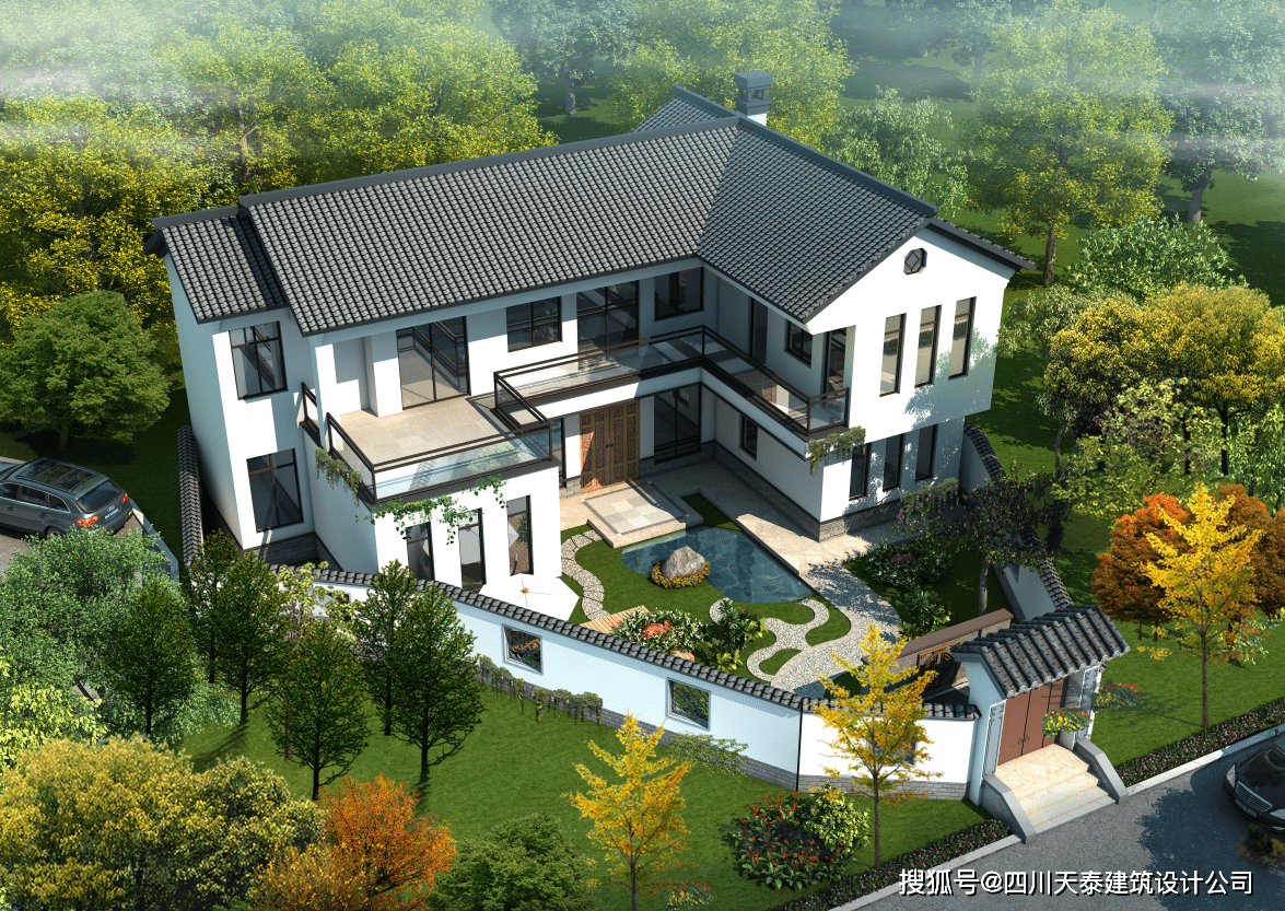 资阳乐至两层新中式三合院别墅,农村自建房设计图,乡村别墅图纸_漂亮