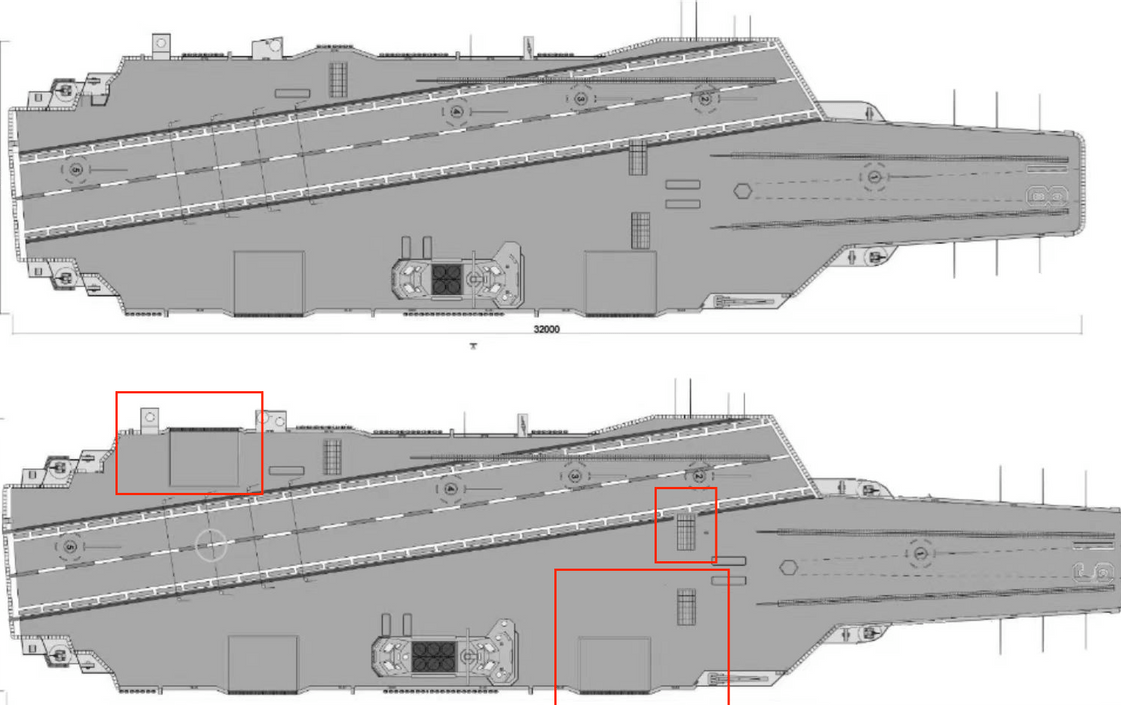 (福建舰和004航母的对比图,下方流传出的004甲板设计图)不过究竟004会