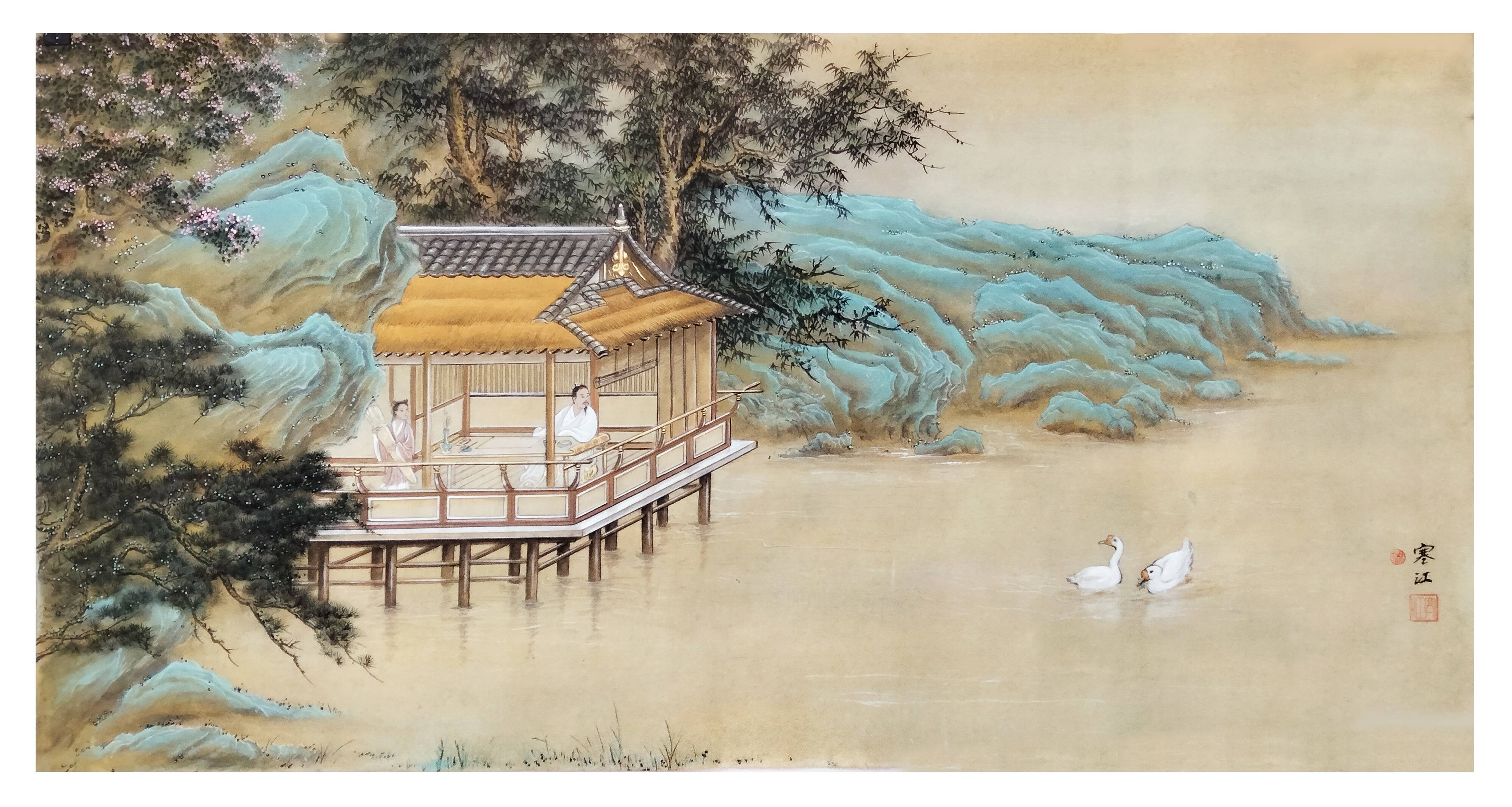 界画寒江---界画作品《王羲之观鹅图》_工笔_羽客_鹅宾