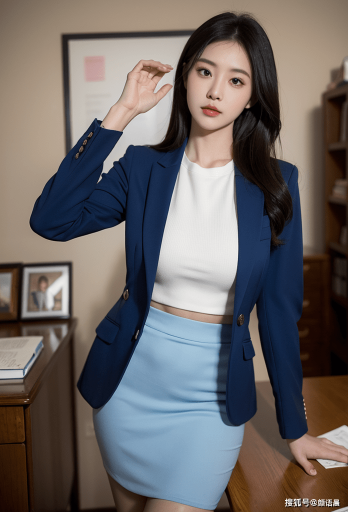 高清美女壁纸:美丽的职场女神为你带来蓝色西装与短裙的完美搭配_魅力