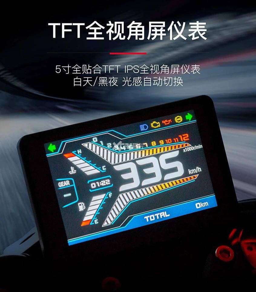 改款后的tnt600和追600都升级搭载了5寸全彩tft仪表盘,行车资讯更加
