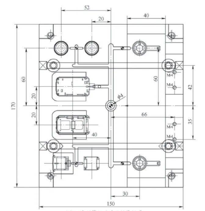 图3 模具结构尺寸四件小塑料盒产品和小花洒产品的尺寸都不大,从注塑
