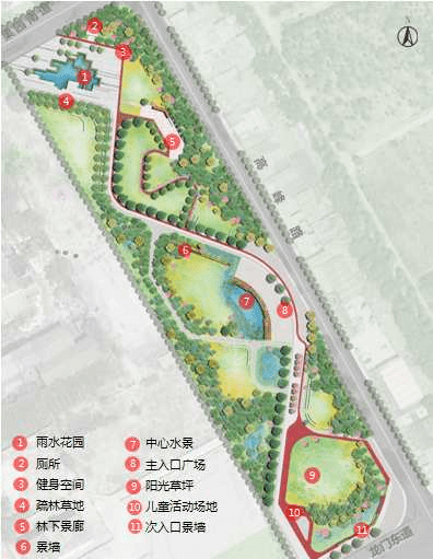 (公园规划图)公园"一带,三区"为总体布局,一带是主干路景观带;三区