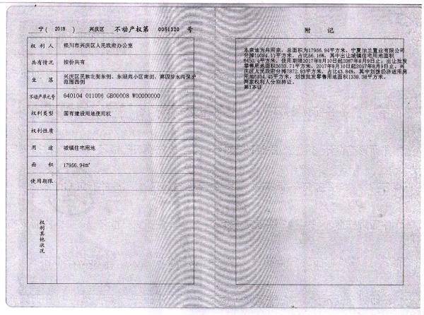 另一份内容大同小异的土地证,权利人:银川市兴庆区人民政府办公室 1