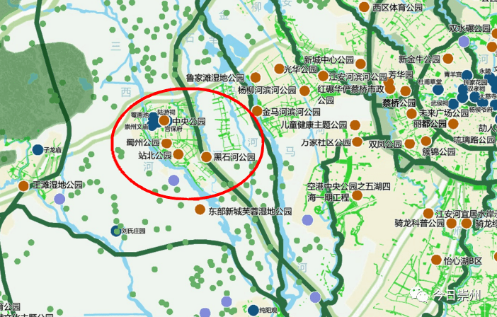 產業聚集區的黑石河公園為主要網絡,崇州城市