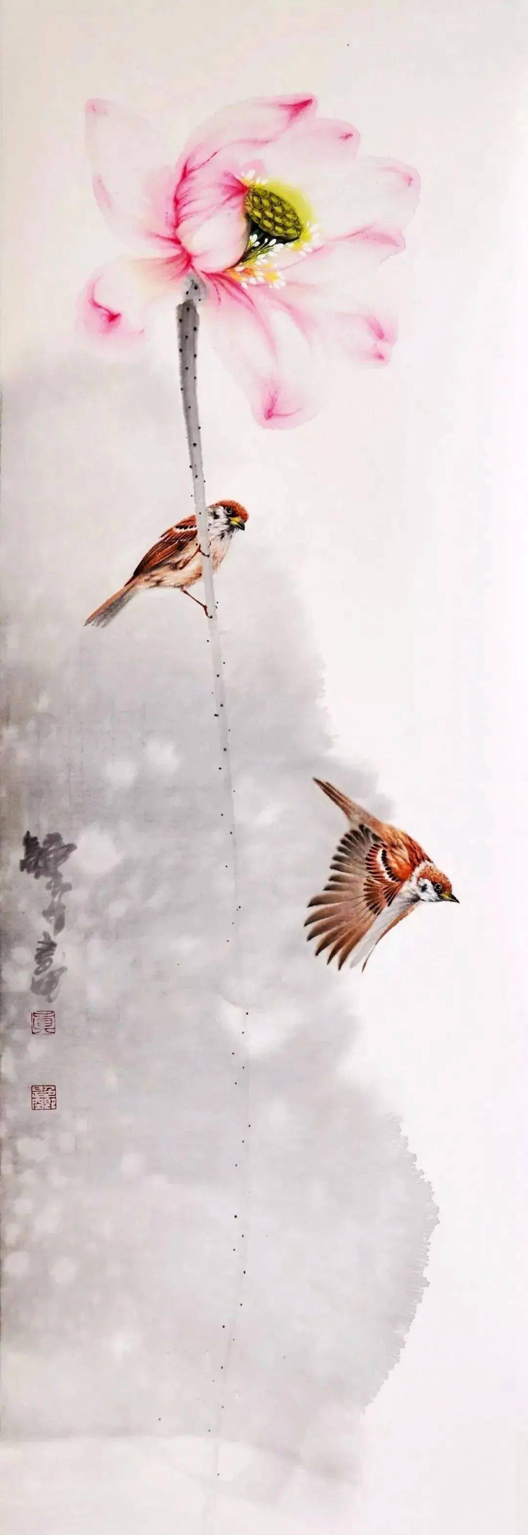 看看大师画的荷花小鸟简直要美上天