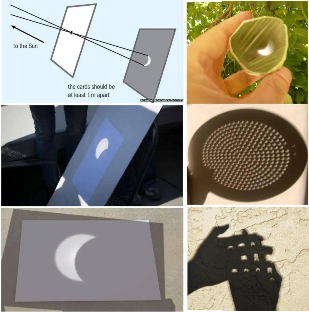 随便用一个有孔的东西对着地面进行小孔成像,就能够看到太阳的形状