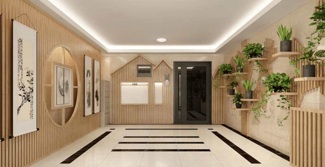 单元门效果图以室内外景观于一体化,将室外绿化条件自然引入,构建门厅