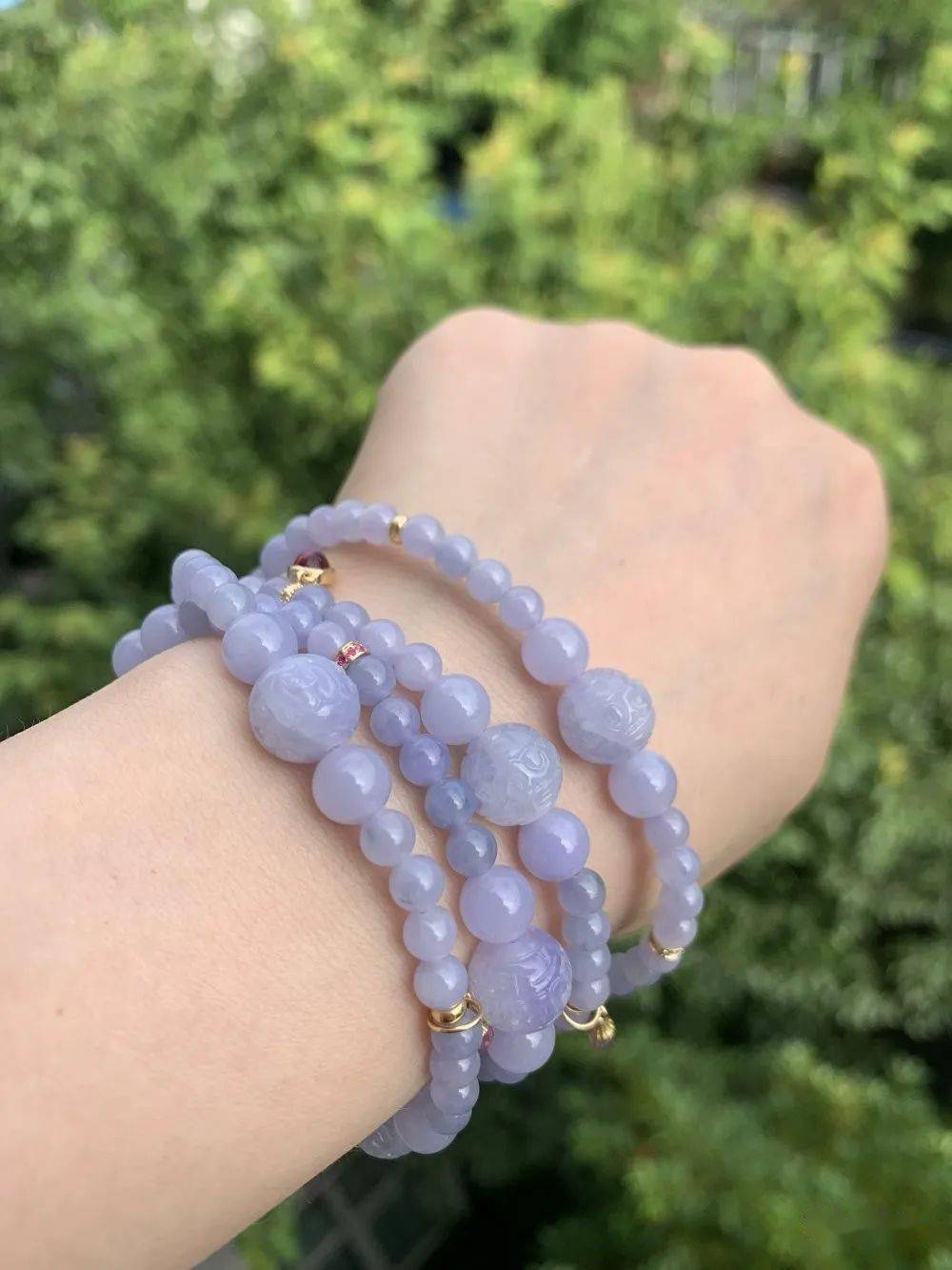 原创冰种粉紫珠串 美不胜收_翡翠