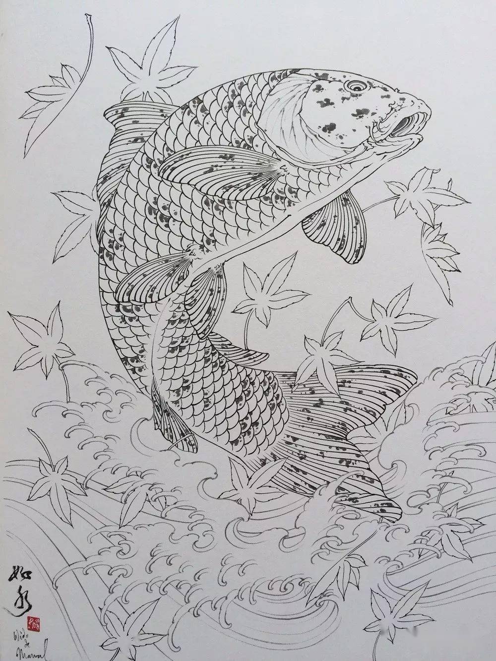 如水《波鲤》白描手稿,画的真棒!