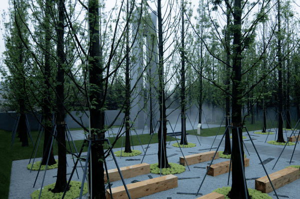 度假式园林景观:阳光草坪,镜水绿岛,林荫树阵,跌级草阶.