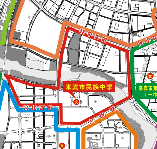 七,来宾市第七中学:沿大桥路(来宾一桥起)→冶炼厂大门这一路线以东至