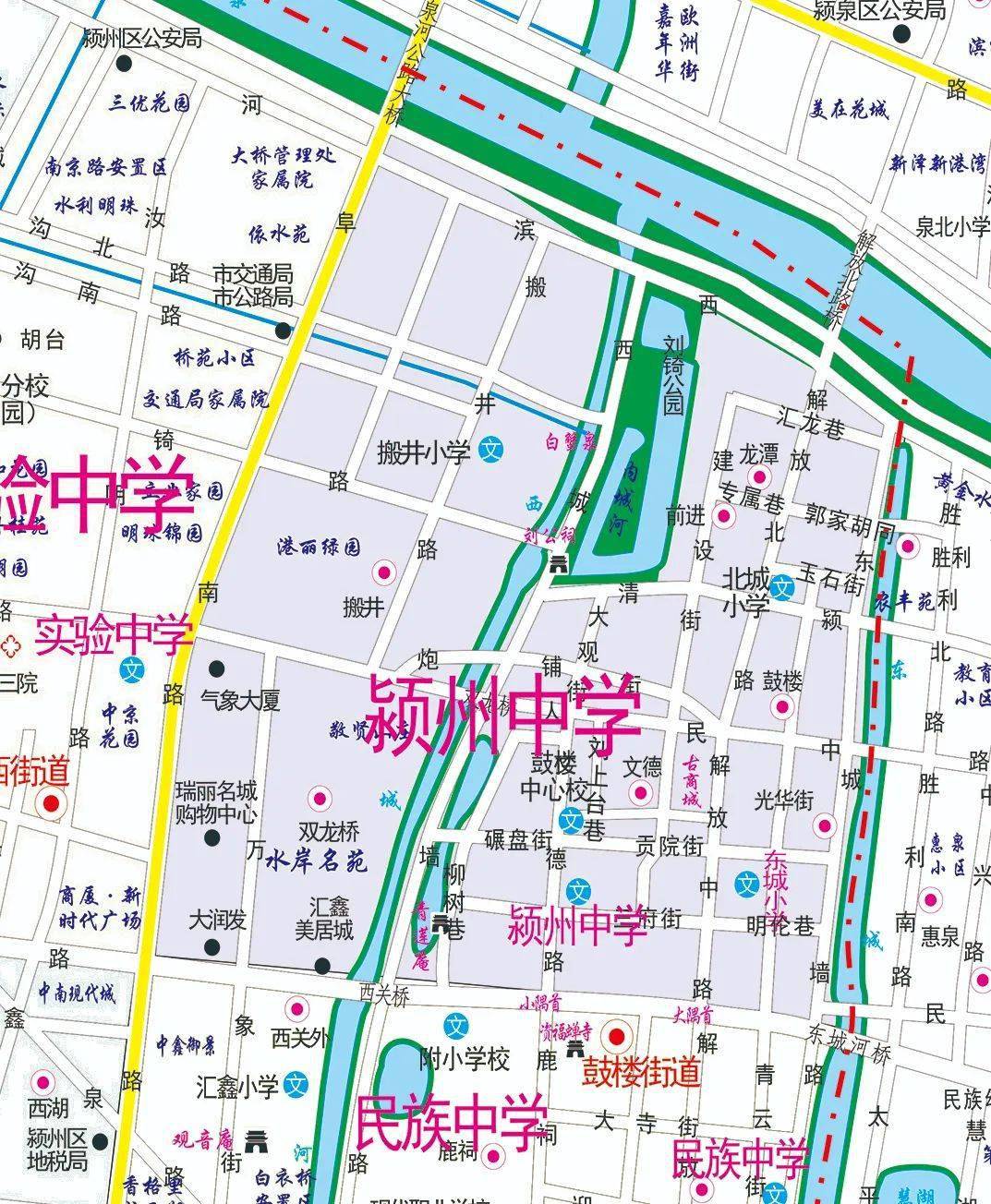 阜陽市潁州中學東至沙河路接七里長溝向北接潁上北路,北至文峰路,西至