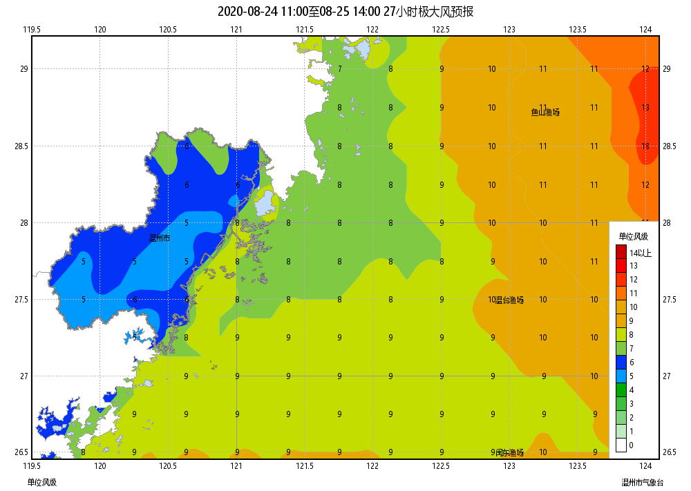 台风"巴威"8月24日11时-25日14时极大风力预报