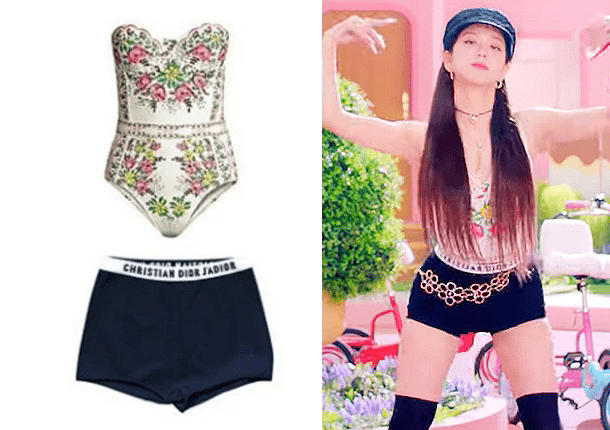 jisoo上身的抹胸其实是来自tory burch的泳衣,而下面的短裤则是来自于