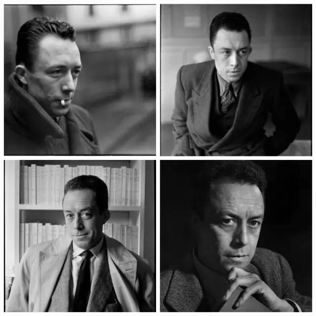 第二组:加缪照片,前三张为布列松拍摄,分别是1944年,1945年,1956年