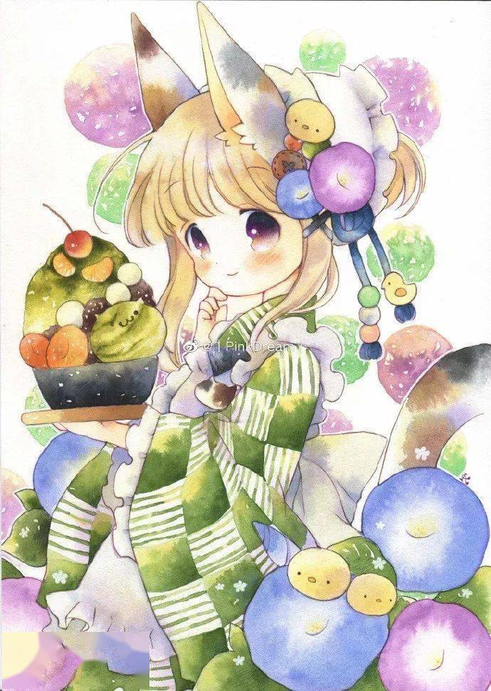 日本插画师水彩少女素材