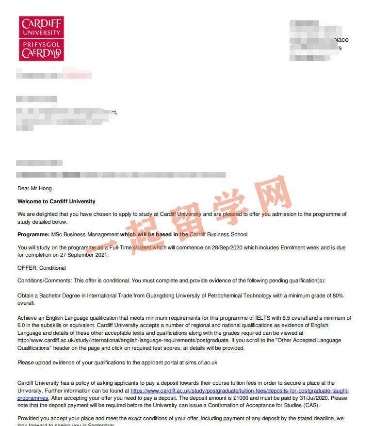 案例分享卡迪夫大学商务管理硕士专业offer一枚