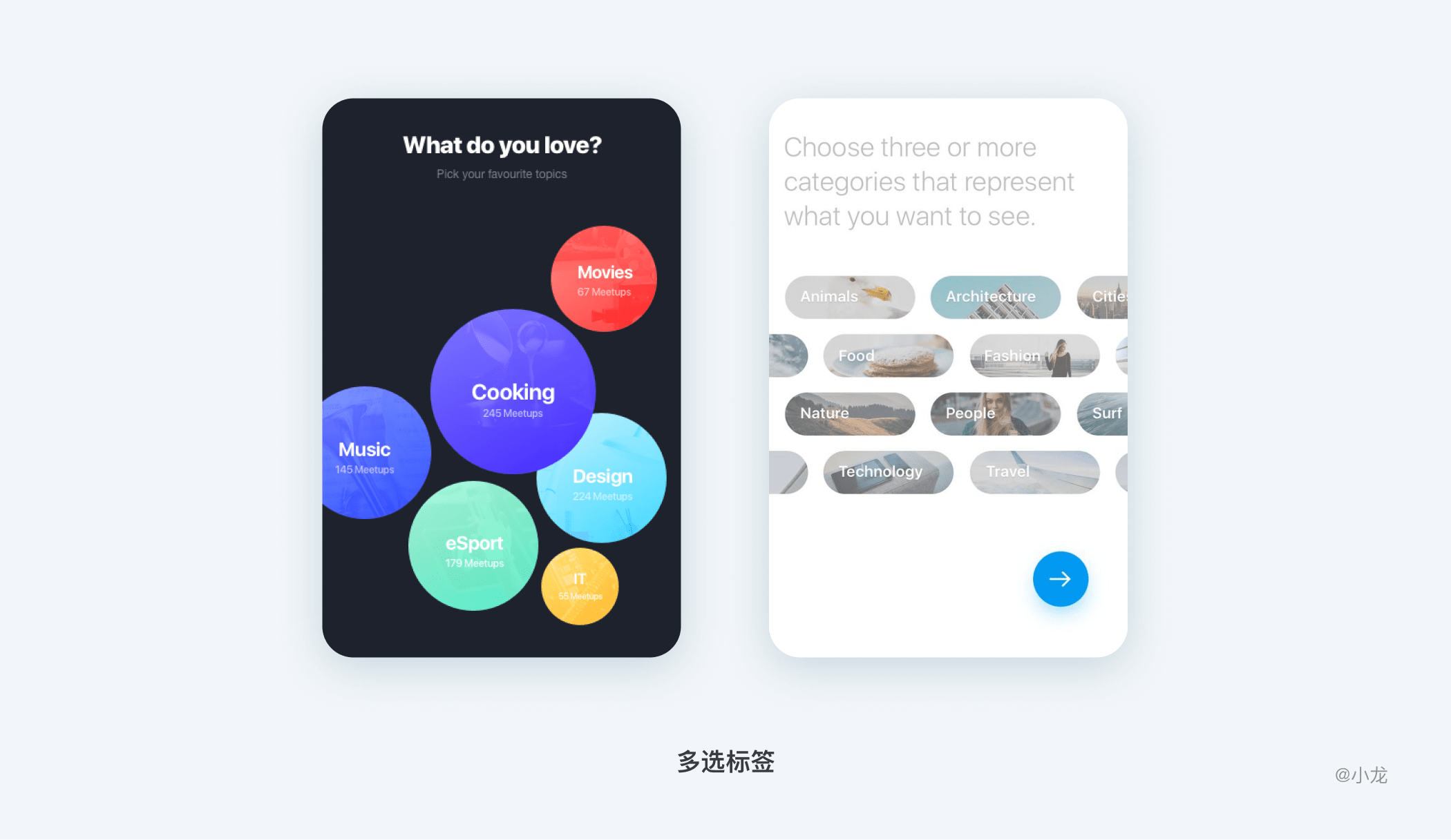 重要或更受欢迎的选项形状更大,用户选中多个圆形就是选择了多个选项