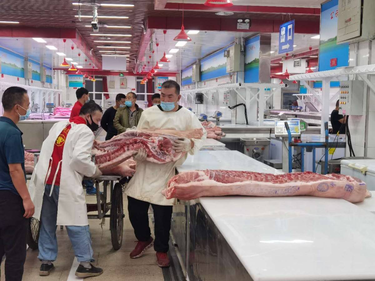 刚刚新发地猪肉批发大厅重开禁止进口肉类冻品销售