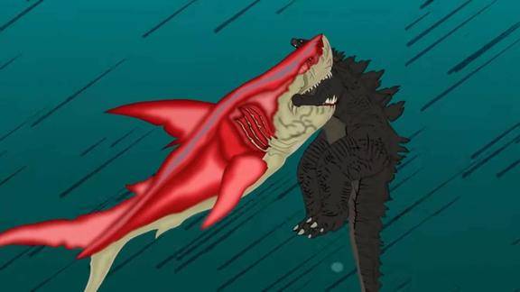 血鲨鱼的胃口真好,不仅敢咬哥斯拉的尾巴,还吞它的光线