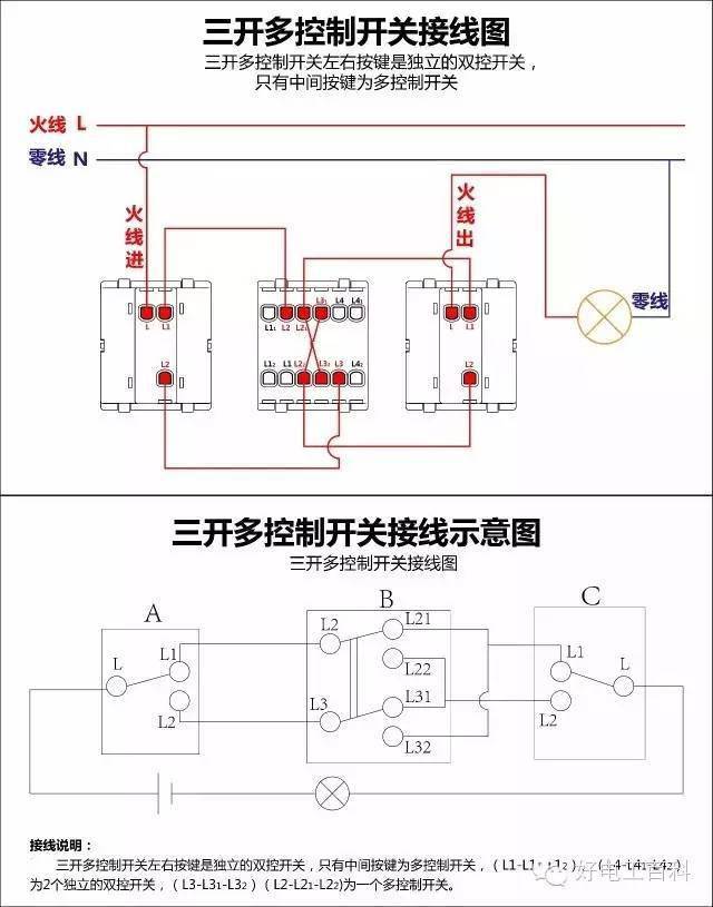 电工必备最全的开关接线图单控双控三控收藏吧