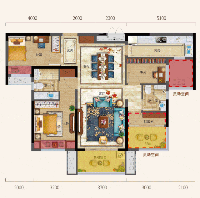 书房,游戏室,客卧等使用率更高户型方正,且拥有更多灵动空间灵动空间
