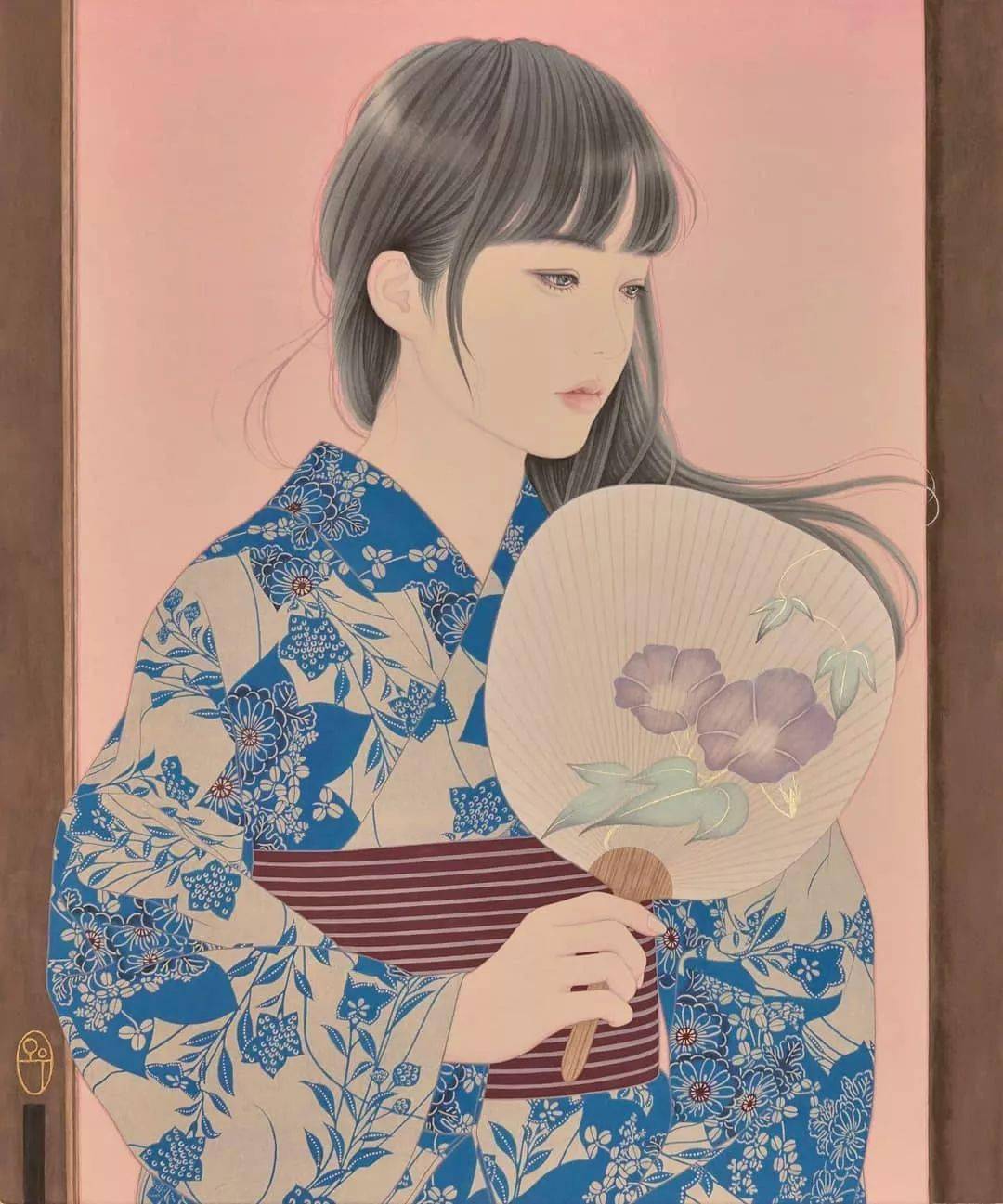 日本女画家的工笔画和服女子,有别致的美