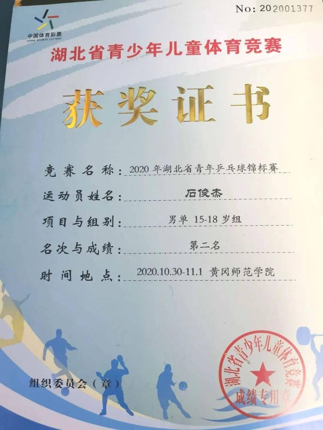 我校石俊杰同学获湖北省乒乓球锦标赛单打亚军