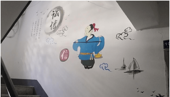 以"文明,和谐,诚信,友善"等为各单元楼道命名,各类文化墙绘展示在各