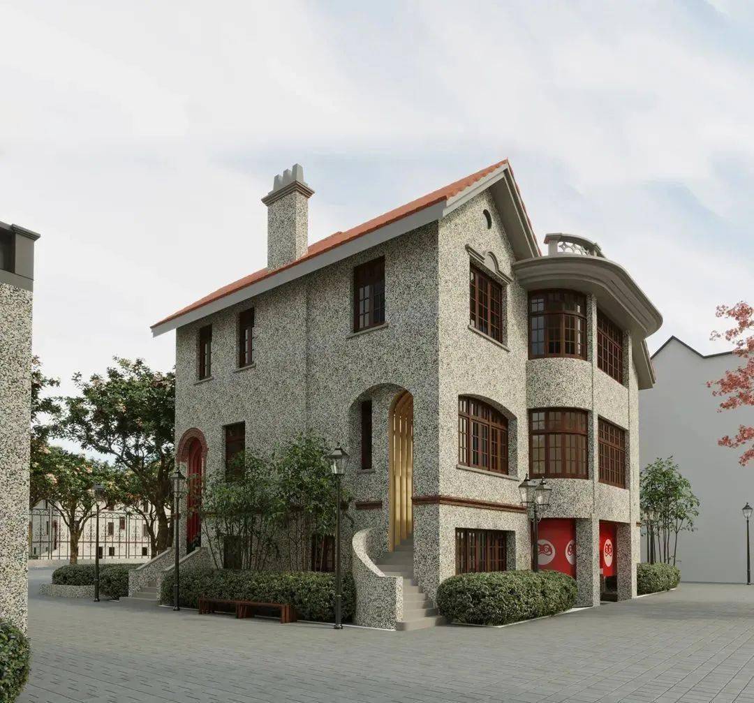 思南公馆23号思南公馆23号外表是一座四层独栋洋房:卵石立面,红墙腰线