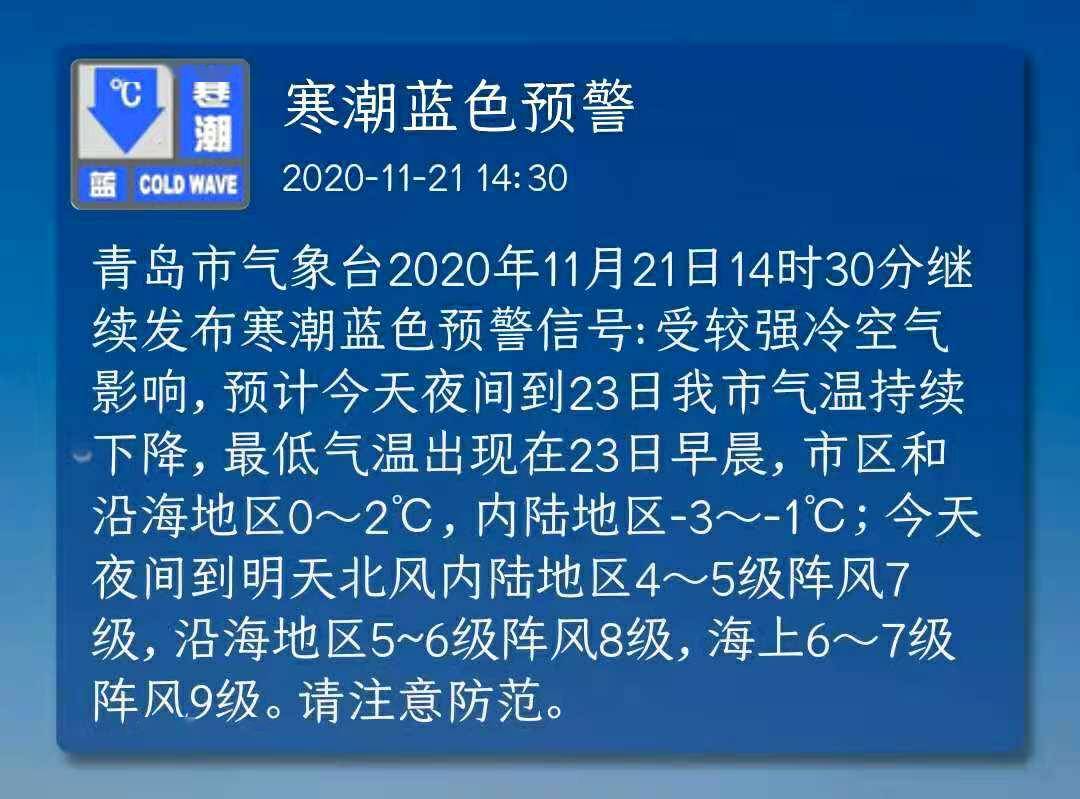 青岛市气象台发布寒潮蓝色预警信号