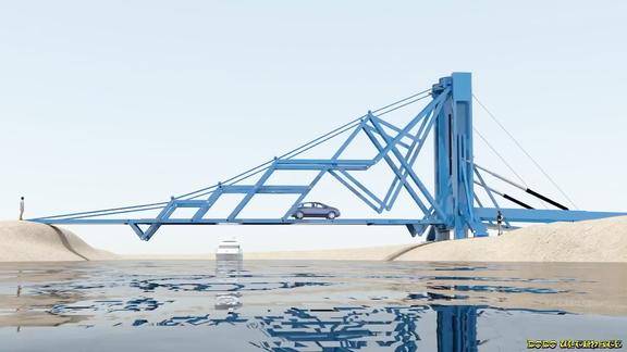 可以折叠移动的桥负重100吨由卡车牵引十秒完成安装