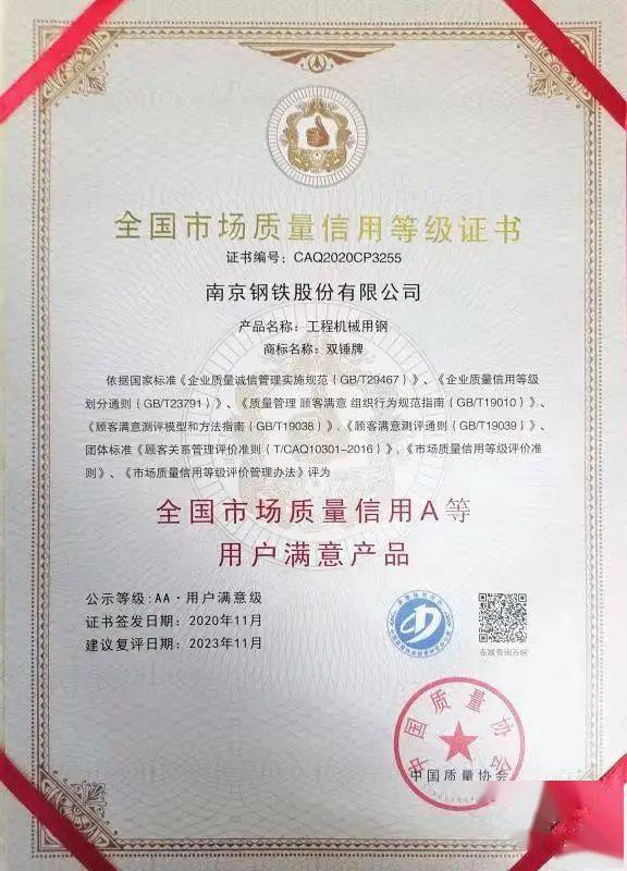 近日,南钢双锤牌工程机械用钢获得中国质量协会颁发的"2020年全国市场