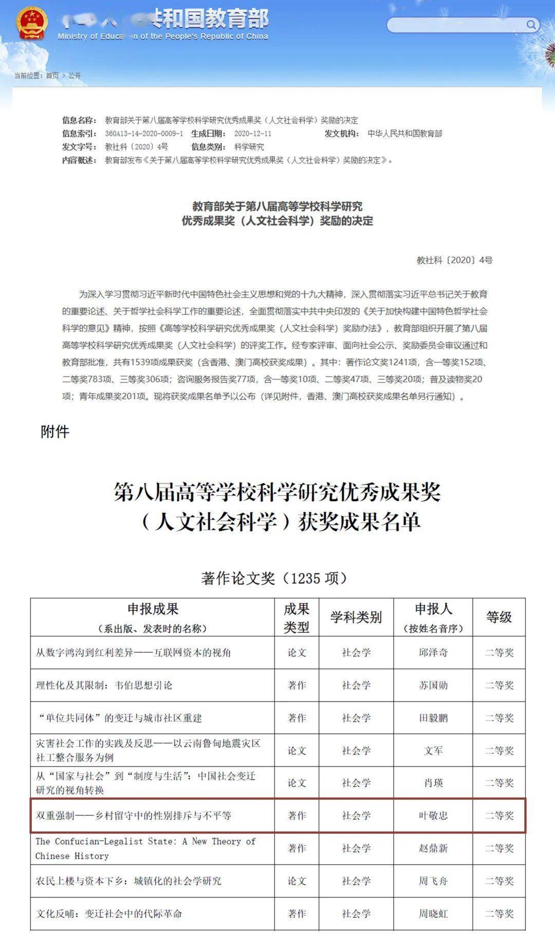 开拓叶敬忠教授团队获第八届高等学校科学研究优秀成果奖人文社会科学