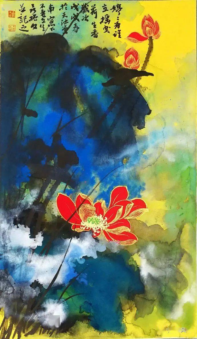 他是张大千再传弟子,看看他的泼墨泼彩荷花!