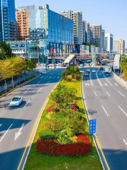 一条条彩色丝带飘于路途中绿草如茵,鲜花盛放行驶行走在龙华街道上