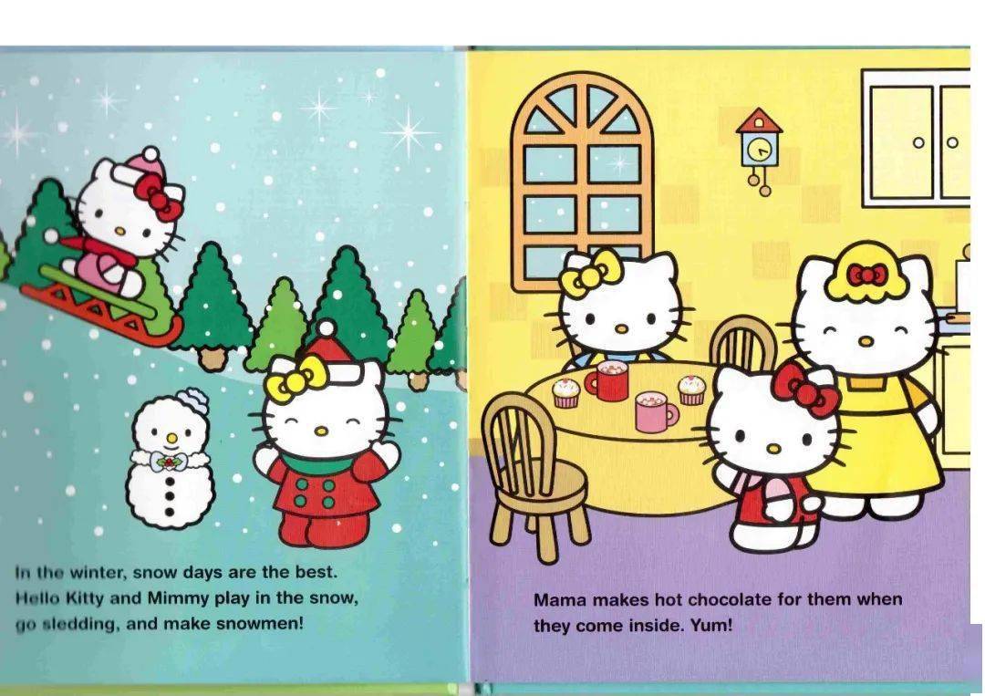 冬天下雪啦,hello kitty和mimmy一起玩雪,堆雪人,喝着妈妈做的热