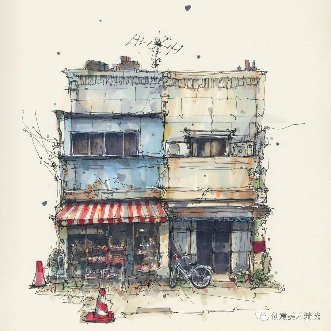 马克笔钢笔色块与线条交织出的建筑之美