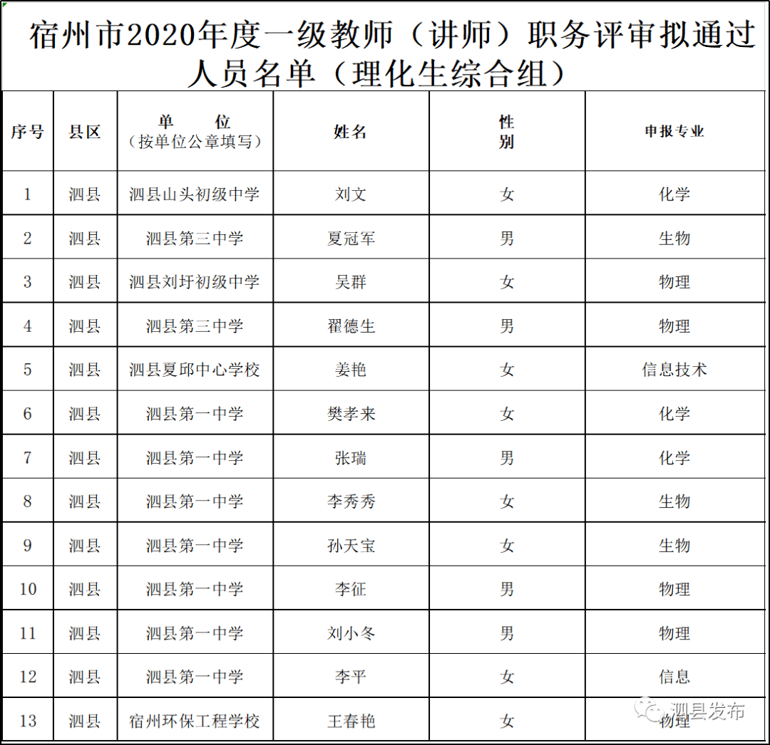 宿州市2020年度一级教师(讲师)职务评审拟通过人员名单公示