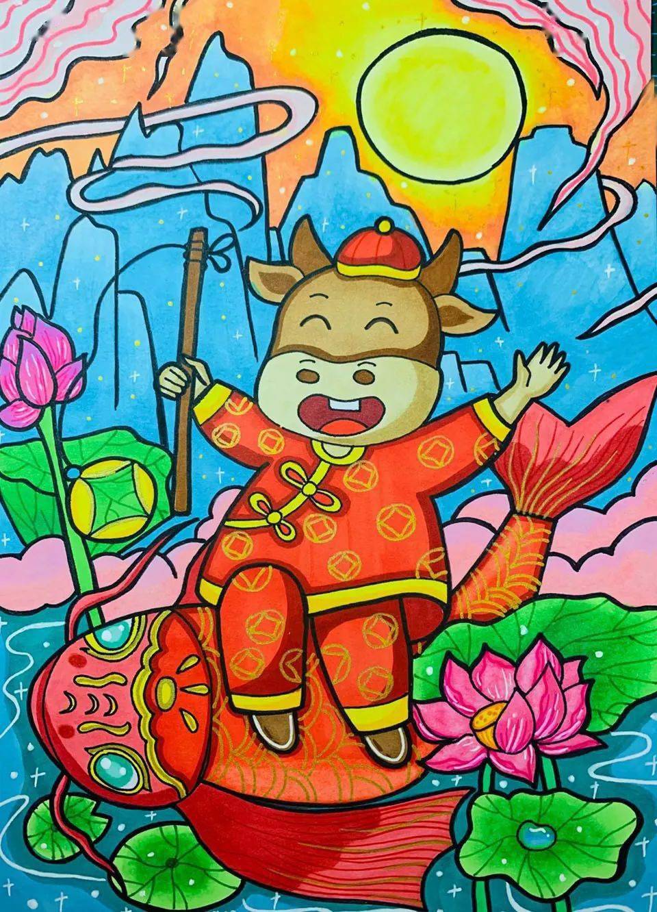 春节牛年大吉绘画图片