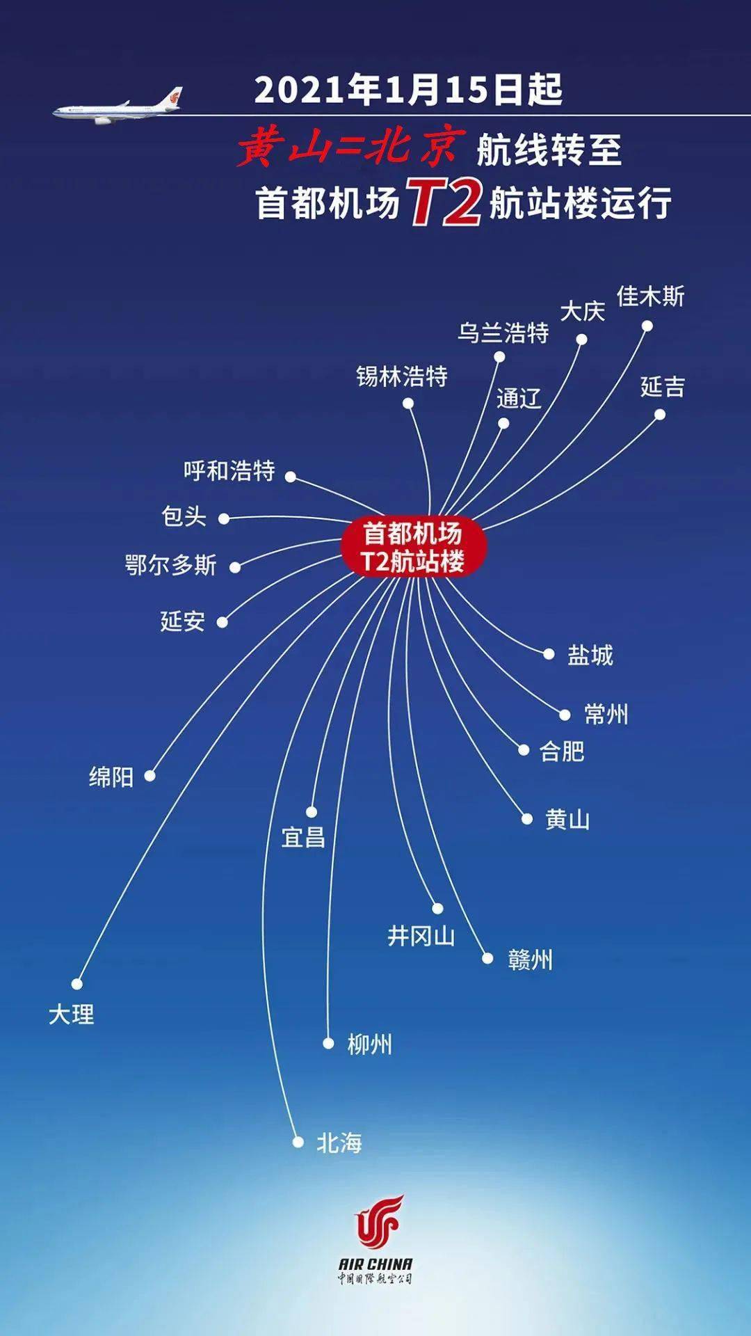 旅客周知国航首都机场至黄山航班转至二号航站楼运行