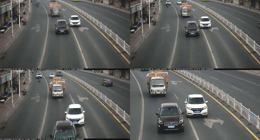 在国道324线南海路口,号牌为粤djb060的白色suv违规压实线中间车道