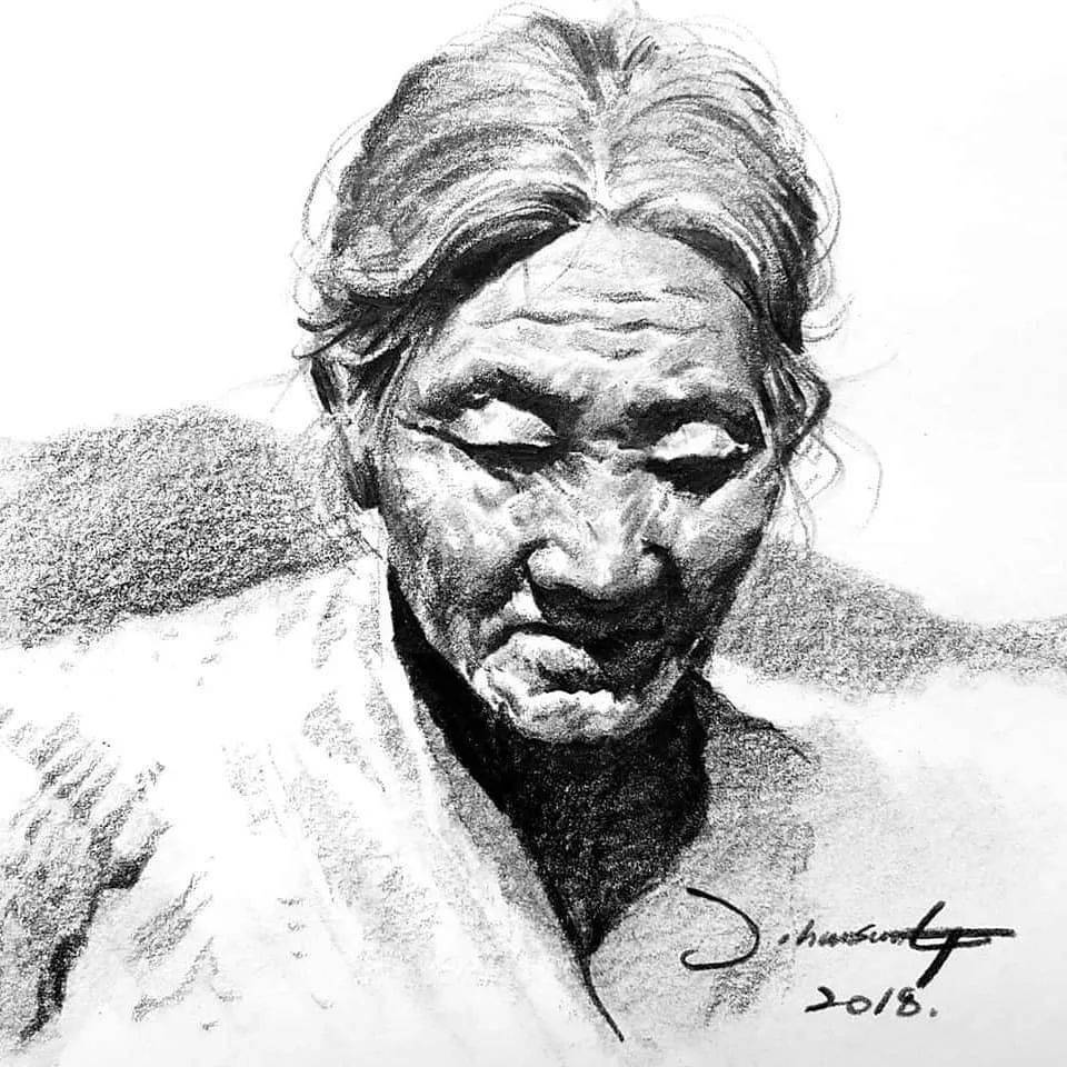 他用木炭条把肖像画活了,生动传神,惟妙惟肖!