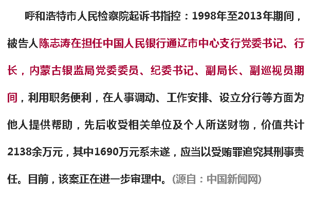 陈志涛受贿案开庭!曾任中国人民银行通辽市中心支行党委书记,行长