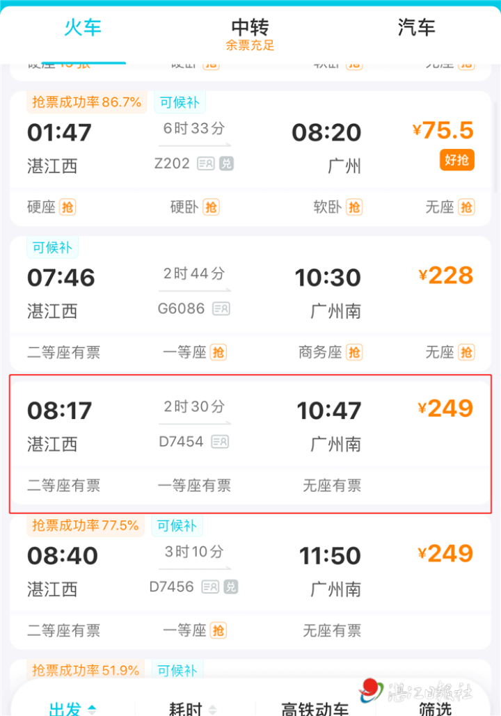 超快湛江往返广州的特快动车即将发车3小时内到达