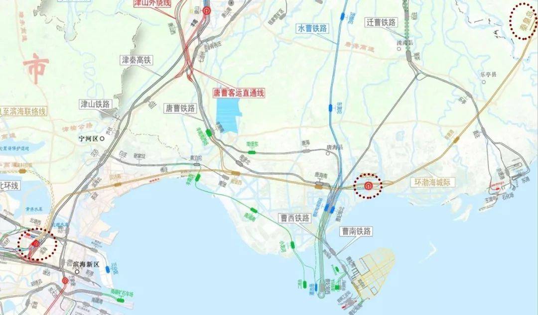 规划中的  环渤海城际铁路,起自滨海西站,经汉沽南,南堡西,唐海南