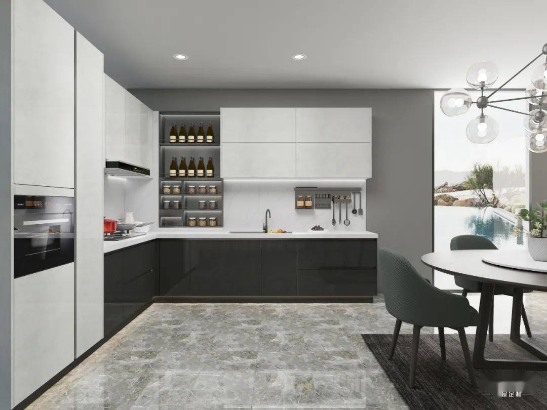 色彩纯净高雅,搭配柔和灯光,颜值抗打,完美诠释混搭时尚感的厨房空间
