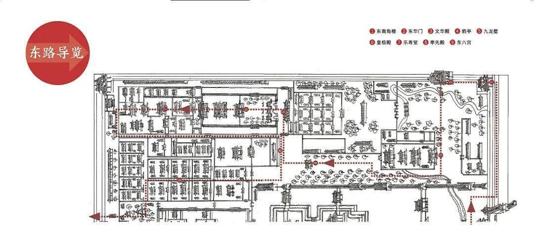 东路游览的具体路线是:东南角楼-东华门-文华殿-箭亭-九龙壁-皇极殿